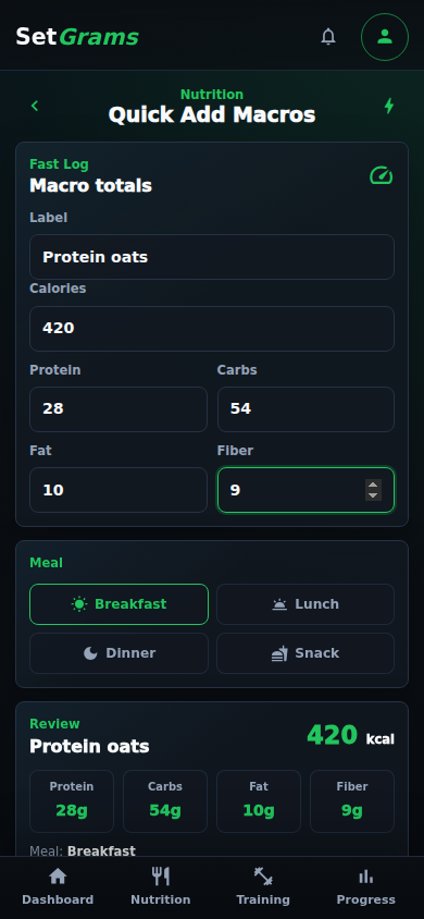 SetGrams nutrition screen reviewing Protein oats before adding it to the daily log.